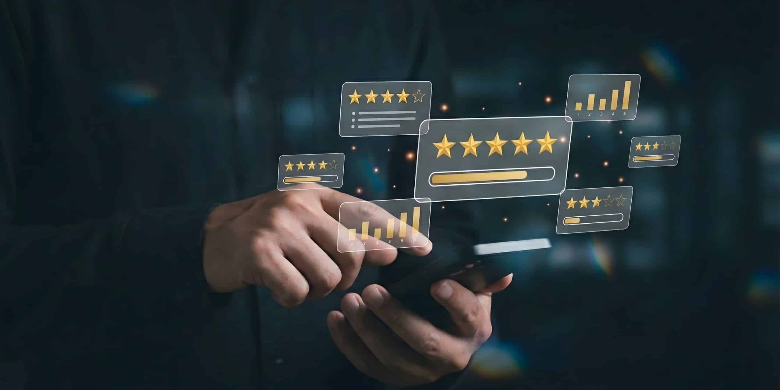 Customer review and feedback concept with five stars rating,user experience satisfaction survey,client opinion evaluation,quality service ranking,mobile app voting,reputation system. Reputation Management